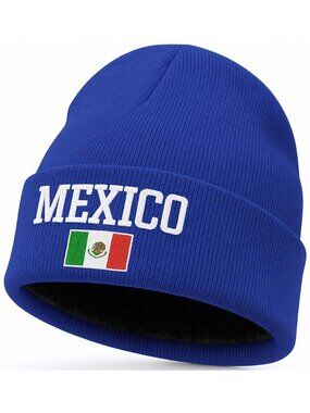 Fleece Lined Mexico Beanie Hat, Royal Blue